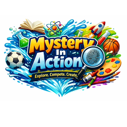 summer Camp Logo bright colors of water splashes, rocket, basektball, soccer ball, paint pallet, and spy glass.