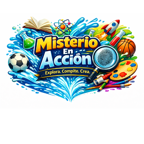 2026 Summer Camp Logo brigh background with stars, water splash and spy glass in Spanish